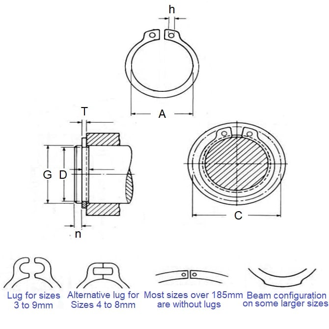 Anello elastico esterno 7,14 x 0,64 mm - Acciaio al carbonio zincato - Giallo - Albero 7,14 - MBA (confezione da 100)