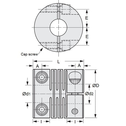 Accouplement de type fendu 3 x 3 x 7,9 x 14 mm - Aluminium - Verrouillage par vis de réglage - ECO (Pack de 1)