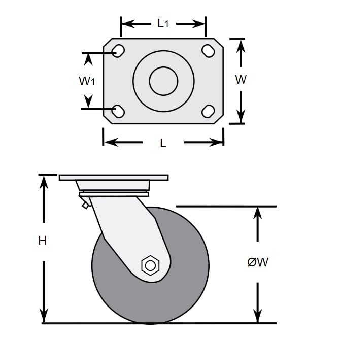 Plate Castor  100 x 25 mm  - Utility Swivel with Brake Nylon - MBA  (Pack of 4)