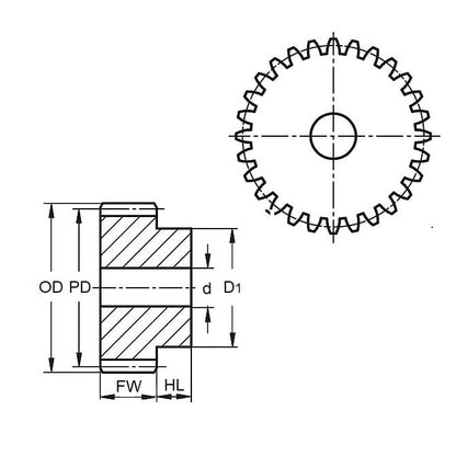 Spur Gear   24 Tooth x 20.6mm Dia. x 5mm Wide with 6.35mm Bore  - 24DP 20 Degree 303 Stainless Steel - 24 Teeth - MBA  (Pack of 1)
