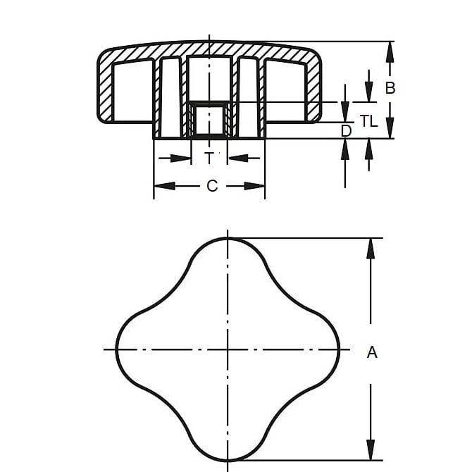 Manopola a quattro lobi 1/4-20 UNC x 24,9 x 9,7 mm - Inserto in ottone termoplastico - Nero - Femmina - MBA (confezione da 1)