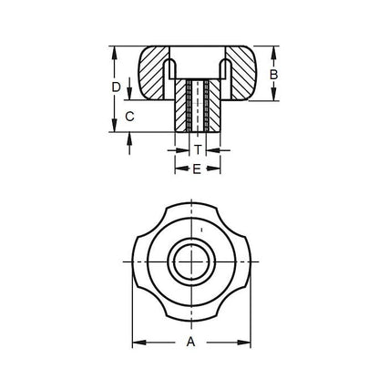 Bouton à quatre lobes 3/8-16 UNC x 50,04 x 14,2 mm - Trou traversant Insert en laiton thermoplastique - Noir - Femelle - MBA (Pack de 1)