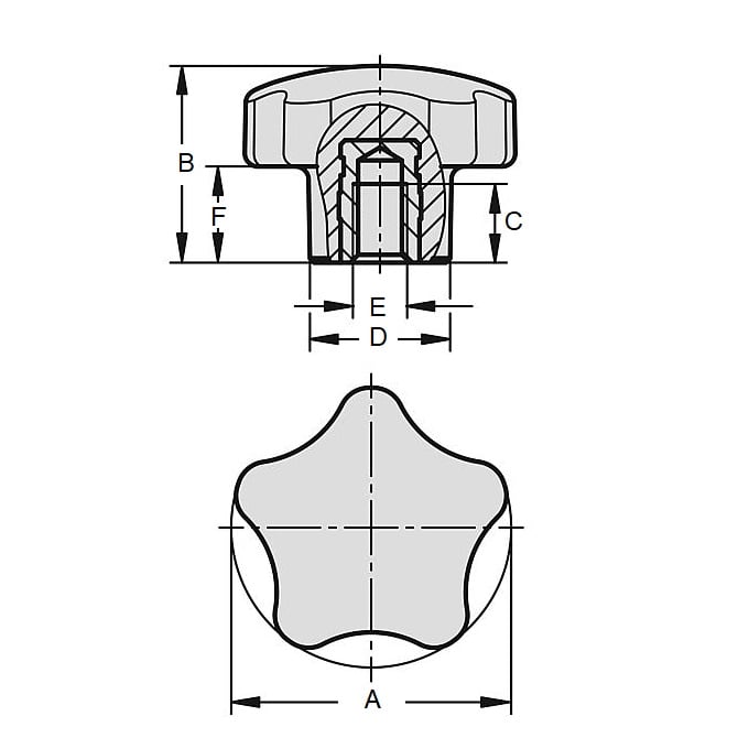 Bouton à cinq lobes 5/16-18 UNC x 57,4 x 12,7 mm - Insert en laiton plaqué thermoplastique - Noir - Femelle - MBA (Pack de 50)