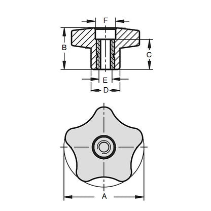 Five Lobe Knob 5/16-18 UNC x 57.15 x 25.4 mm  - Steel with Knob Lock Insert Polypropylene - Black - Female - MBA  (Pack of 500)