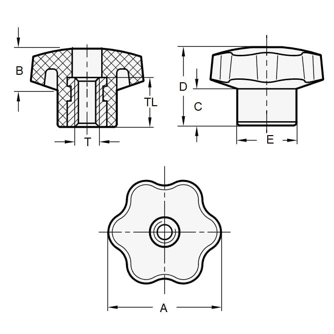 Pomello a sei lobi M10 x 50 x 18 mm - Foro passante Inserto in acciaio inossidabile Termoplastico con inserto inossidabile - Nero - Femmina - MBA (confezione da 1)