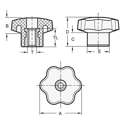 Pomello a sei lobi M10 x 50 x 18 mm - Foro passante Inserto in acciaio inossidabile Termoplastico con inserto inossidabile - Nero - Femmina - MBA (confezione da 1)