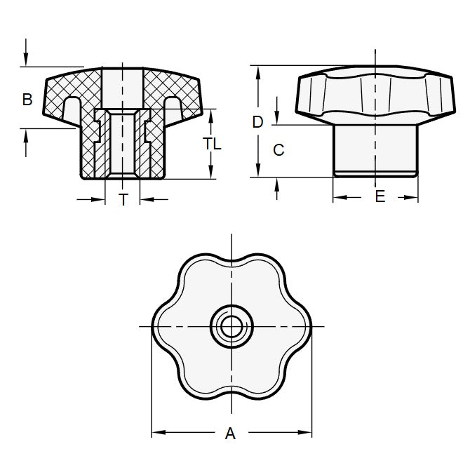 Bouton à six lobes M6 x 30 x 18 mm - Trou traversant Insert en laiton thermoplastique - Noir - Femelle - MBA (Pack de 1)