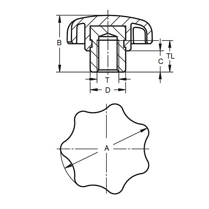 Pomello a sette lobi 1/4-20 UNC x 32 mm - Inserto mozzo in acciaio placcato termoplastico - Nero - Femmina - MBA (confezione da 1)