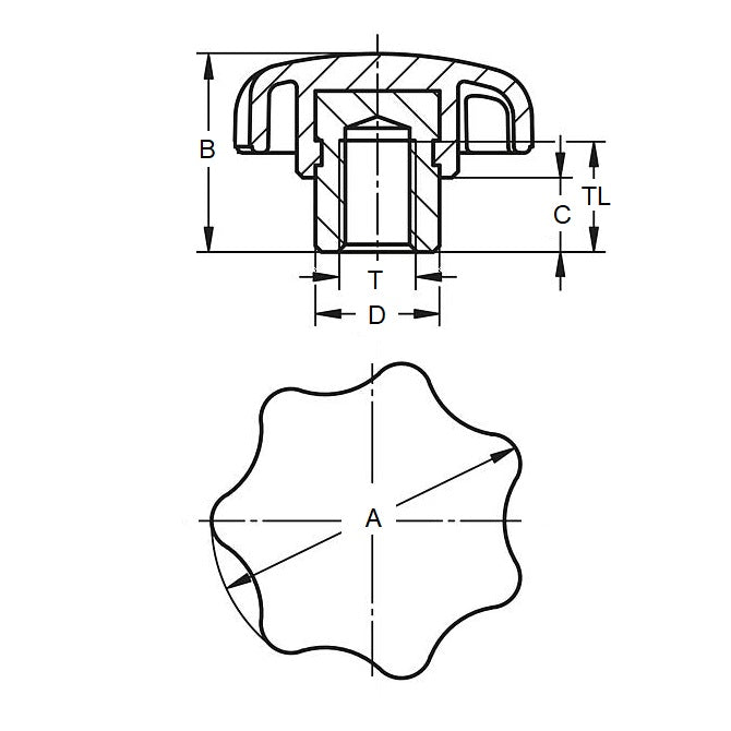 Pomello a sette lobi 1/2-13 UNC x 63 - Inserto mozzo in acciaio placcato termoplastico - Nero - Femmina - MBA (confezione da 10)