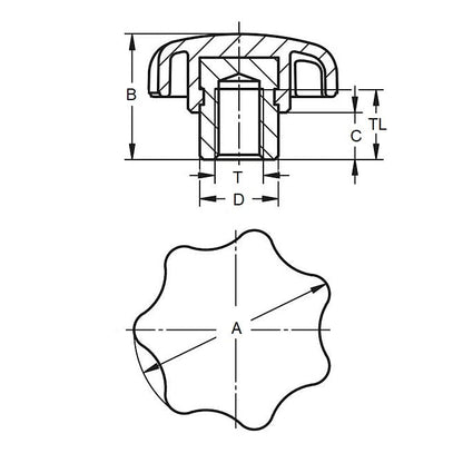 Manopola a sette lobi 5/16-18 UNC x 39,88 - Inserto mozzo in acciaio placcato termoplastico - Nero - Femmina - MBA (confezione da 1)