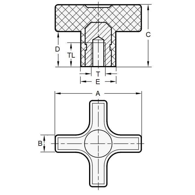 Manopola a croce 1/4-20 UNC x 25,4 mm - Inserto in ottone cieco in nylon - Nero - Femmina - MBA (confezione da 1)
