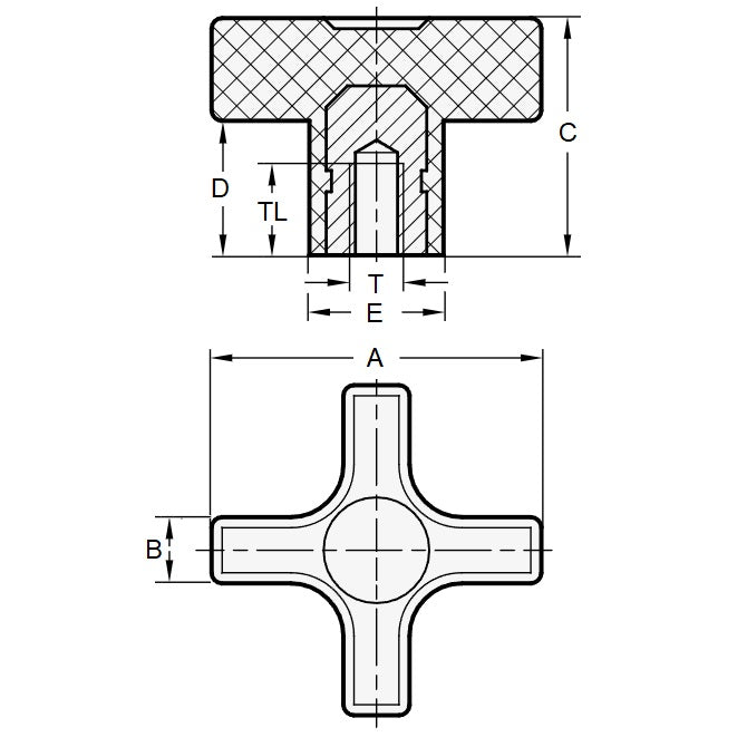 Manopola a croce 1/2-13 UNC x 57.15 - Inserto in ottone cieco fenolico - Nero - Femmina - MBA (confezione da 1)