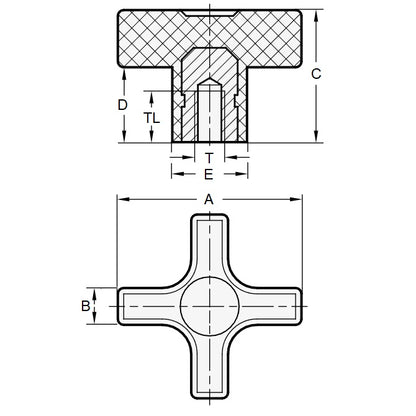 Manopola a croce 1/2-13 UNC x 57.15 - Inserto in ottone cieco fenolico - Nero - Femmina - MBA (confezione da 1)
