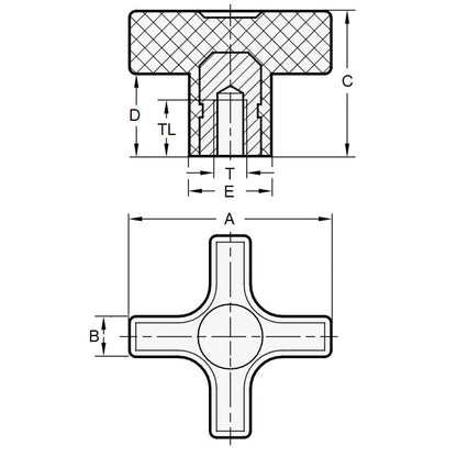 Manopola a croce 5/16-18 UNC x 44.45 - Inserto in ottone cieco in nylon - Nero - Femmina - MBA (confezione da 50)