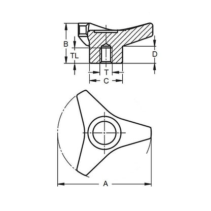 Tri Knob 3/8-16 UNC x 85.09 - Insert en laiton thermoplastique - Noir - Trou borgne - MBA (Pack de 1)