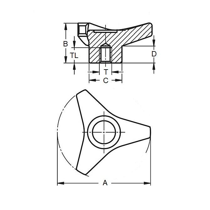 Tri Knob    1/2-13 UNC x 85.09 mm  - Brass Insert Thermoplastic - Black - Blind-Hole - MBA  (Pack of 1)