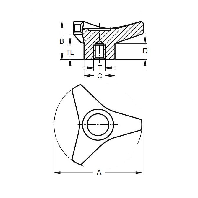 Tri Knob 1/4-20 UNC x 31,75 - Inserto in ottone fenolico - Nero - Foro cieco - MBA (confezione da 50)