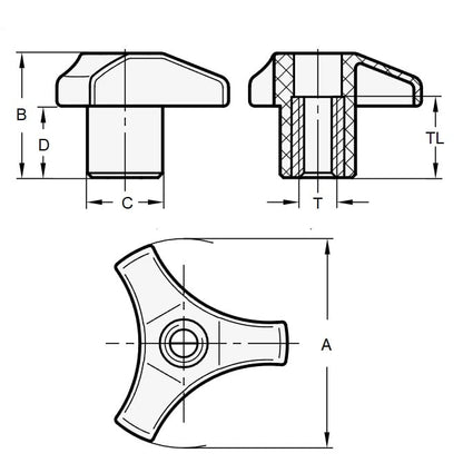 Tri Knob 5/8-11 UNC x 104,90 mm - Insert en laiton thermoplastique - Noir - Trou traversant - MBA (Pack de 1)
