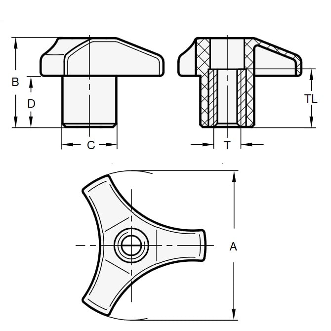 Tri Knob 5/16-18 UNC x 19.05 - Insert en laiton Plastique ABS - Noir - Trou traversant - MBA (Paquet de 250)