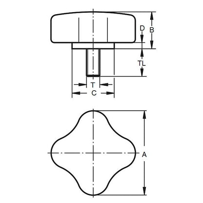 Four Lobe Knob    1/4-20 UNC x 29.97 x 24.9 mm  - Plated Steel Insert Thermoplastic - Black - Male - MBA  (Pack of 5)