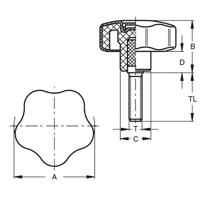 Five Lobe Knob    3/8-16 UNC x 50 x 25.4 mm  - Plated Steel Insert Technopolymer - Black - Male - MBA  (Pack of 1)