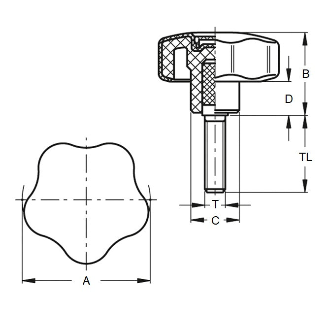 Bouton Cinq Lobes M10 x 50 mm - Insert Acier Thermoplastique - Noir - Mâle - MBA (Pack de 1)