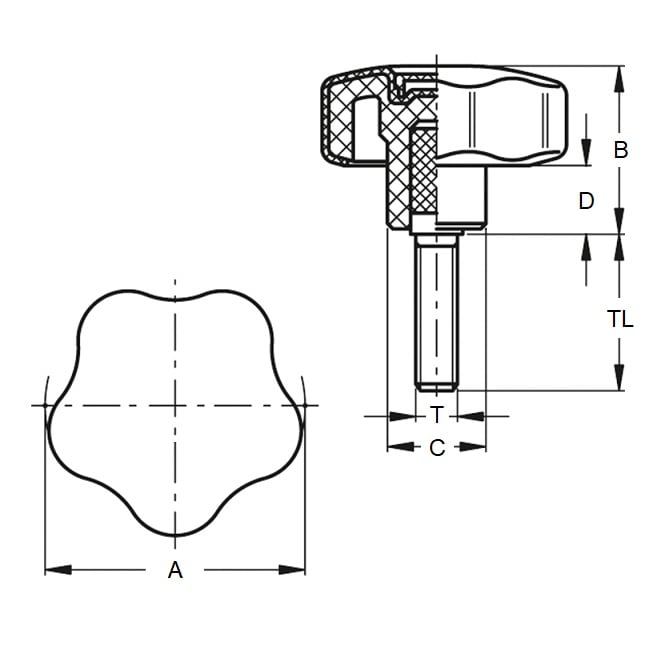 Five Lobe Knob    1/4-20 UNC x 32 x 19.1 mm  - Plated Steel Insert Technopolymer - Black - Male - MBA  (Pack of 1)