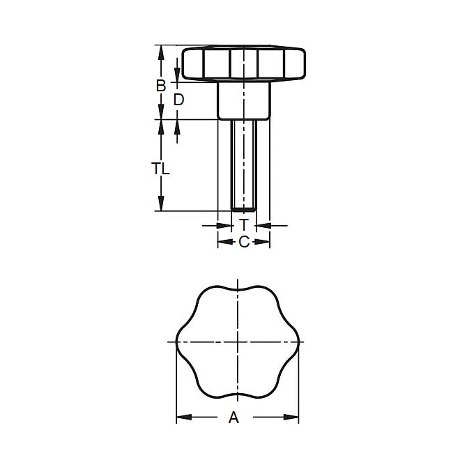 Pomello a sei lobi 1/2-13 UNC x 60 x 25 mm - Inserto in acciaio inossidabile 304 Termoplastico - Nero - Maschio - MBA (confezione da 1)