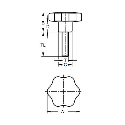 Six Lobe Knob    1/2-13 UNC x 62.99 x 50.8 mm  - Plated Steel Insert Phenolic - Black - Male - MBA  (Pack of 1)