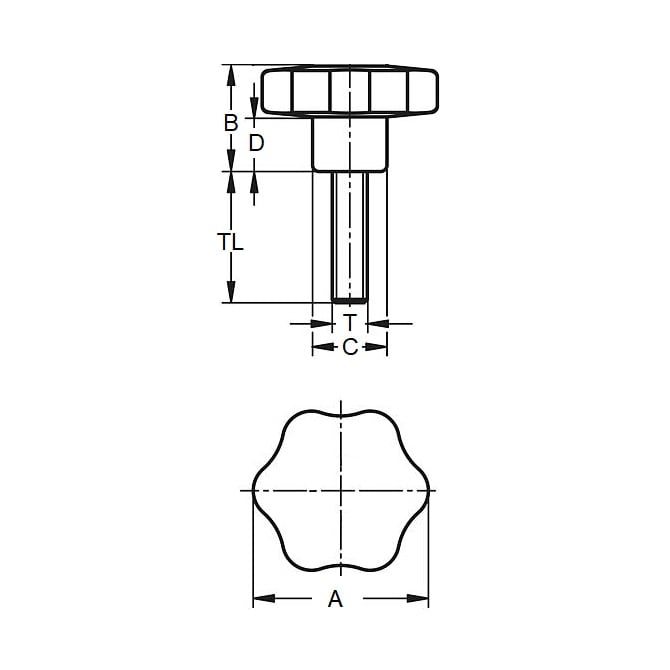 Manopola a sei lobi 5/16-18 UNC x 33,02 x 44,5 mm - Inserto in acciaio placcato termoplastico - Nero - Maschio - MBA (confezione da 1)