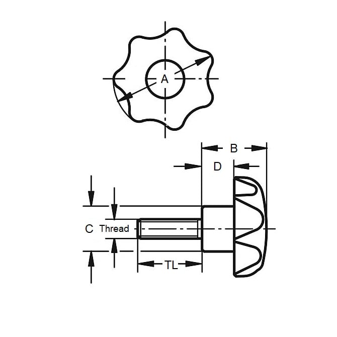 Bouton à sept lobes 5/16-18 UNC x 40 x 40 mm - Insert thermoplastique en acier inoxydable 304 - Noir - Mâle - MBA (Pack de 1)