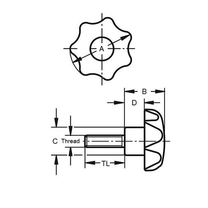Seven Lobe Knob    1/2-13 UNC x 50 x 30 mm  - Plated Steel Insert Thermoplastic - Black - Male - MBA  (Pack of 10)