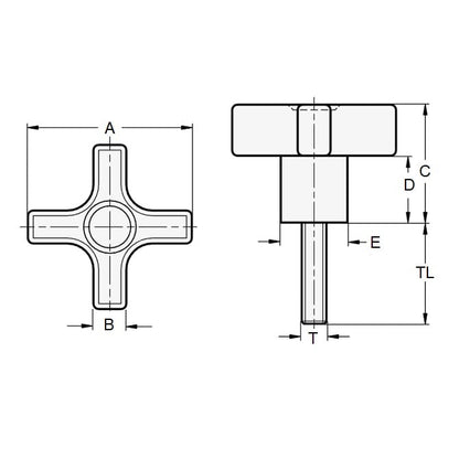 Manopola a croce 5/16-18 UNC x 50,04 x 30 mm - Inserto in acciaio placcato standard termoplastico - Nero - Maschio - MBA (confezione da 1)