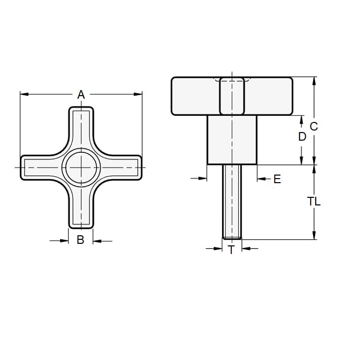 Manopola a croce 1/2-13 UNC x 57,15 x 63,5 mm - Inserto in acciaio placcato standard termoplastico - Nero - Maschio - MBA (confezione da 1)