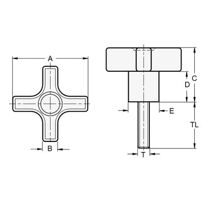 Manopola a croce 1/2-13 UNC x 59,94 x 24,9 mm - Inserto in acciaio placcato standard termoplastico - Nero - Maschio - MBA (confezione da 1)