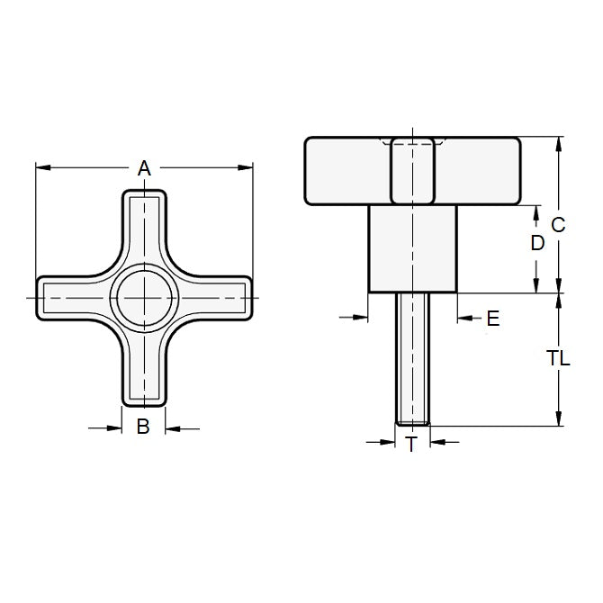 Manopola a croce 1/2-13 UNC x 57,15 x 38,1 mm - Inserto in acciaio placcato standard termoplastico - Nero - Maschio - MBA (confezione da 1)