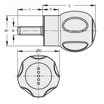 Bouton rond 3/8-16 UNC x 50 mm - Caoutchouc - Mâle - MBA (Pack de 1)