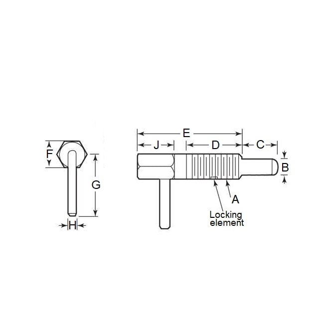 Piston à ressort 1/4-20 UNC x 15,9 mm - Corps en acier verrouillable avec poignée en L avec acétal - Ressort - Fileté - MBA (Pack de 1)