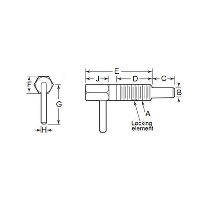 Piston à ressort 3/8-16 UNC x 15,9 mm - Corps en acier de verrouillage à poignée en L avec phénolique - Ressort - Fileté - MBA (Pack de 1)