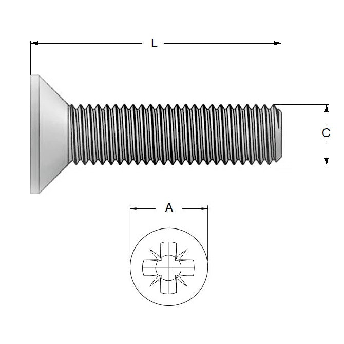Screw    M8 x 20 mm  -  Zinc Plated Steel - Countersunk Pozidrive - MBA  (Pack of 100)