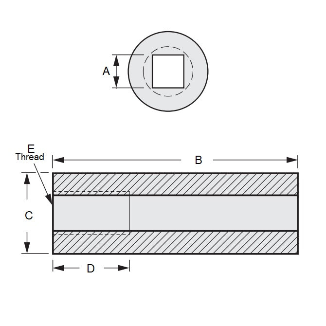 Manicotto con foro quadrato 8.065 x 12.7 x 57.15 - Acciaio al carbonio filettato - MBA (confezione da 1)