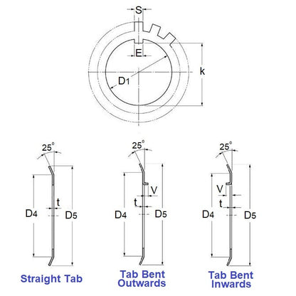 Rondella di bloccaggio 10 x 22,2 x 9 mm - Con linguette per dadi in acciaio per molle - Piegata verso l'esterno - 9 linguette - MBA (confezione da 6)