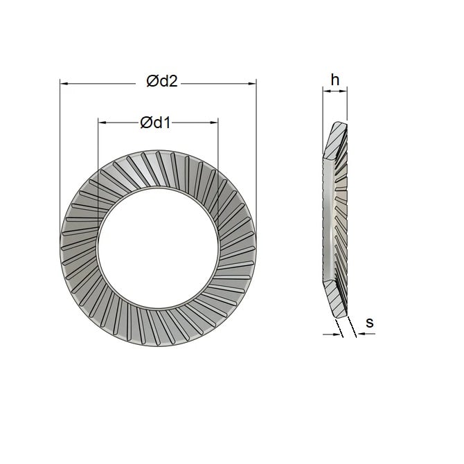 Rondelle dentelée 2,5 x 4,8 x 0,45 mm - Acier à ressorts en carbone de sécurité - MBA (Pack de 50)