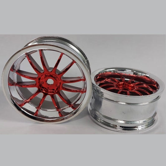 Hobby Rim    Silver/Red - 12 Spoke x 2  - Car 1-10 Road and Drift Plastic - MBA  (1 Pack of 6 Per Card)