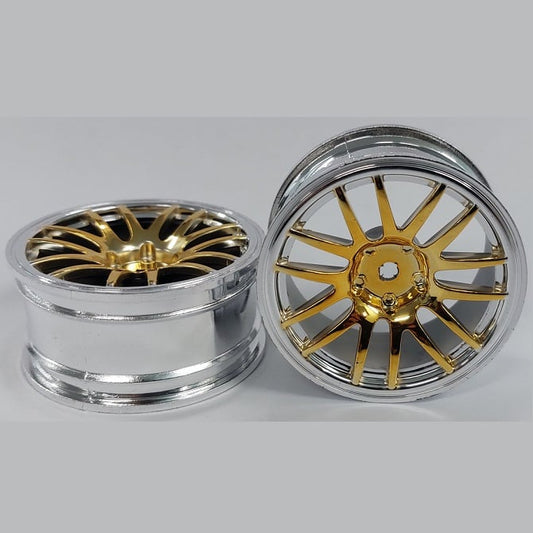 Hobby Rim    Silver with Yellow - 12 Spoke x 2  - Car 1-10 Road and Drift Plastic - MBA  (1 Pack of 5 Per Card)